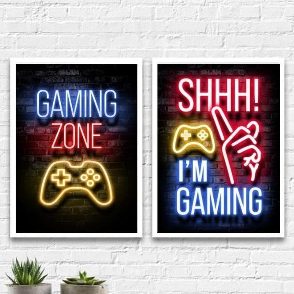 Kit 2 Quadros Gaming Zone 45X34Cm Branca