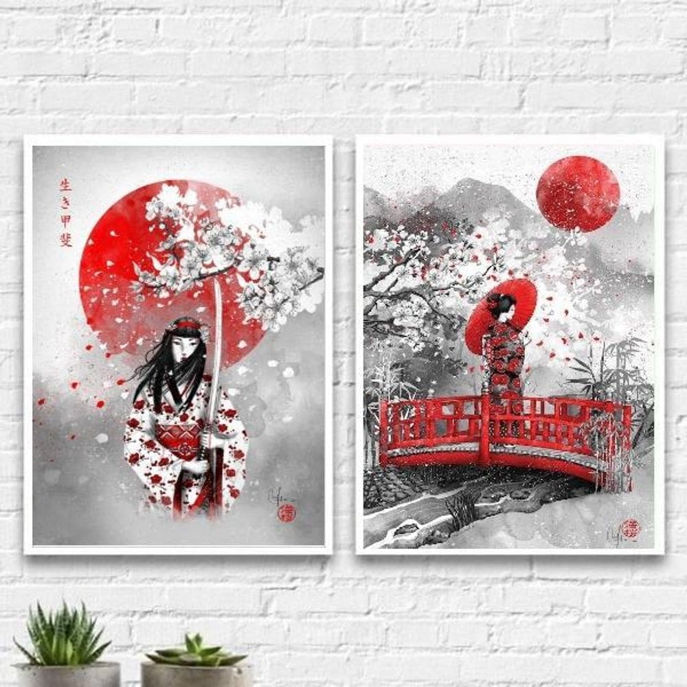 Kit 2 Quadros Geisha Art 45X34Cm - Com Vidro Branca