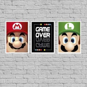 Kit 3 Quadros Vídeo Game Personagens 45X34Cm - Com Vidro