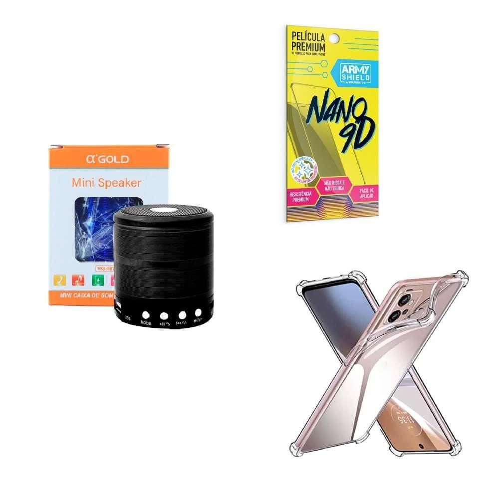 Capinha motorola e23 + caixa de som bluetooth + película 9d