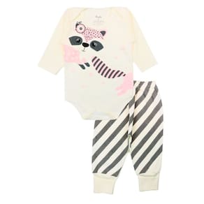 Conjunto Body Bebê Longo Algodão Bege Estampado Menina
