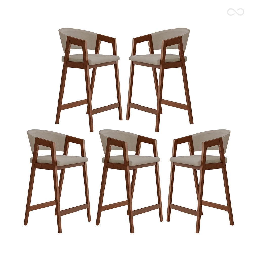 Kit 5 Banquetas Alta com Encosto Ravena Madeira Maciça Maciça Pinhão Suede Bege CCS