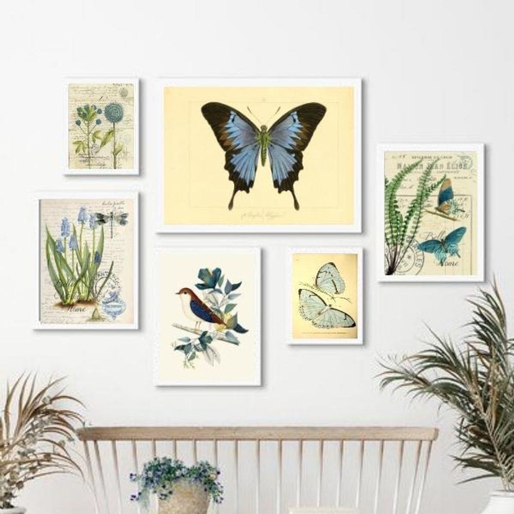 Composição 6 Quadros Botânica - Animais E Plantas Azul