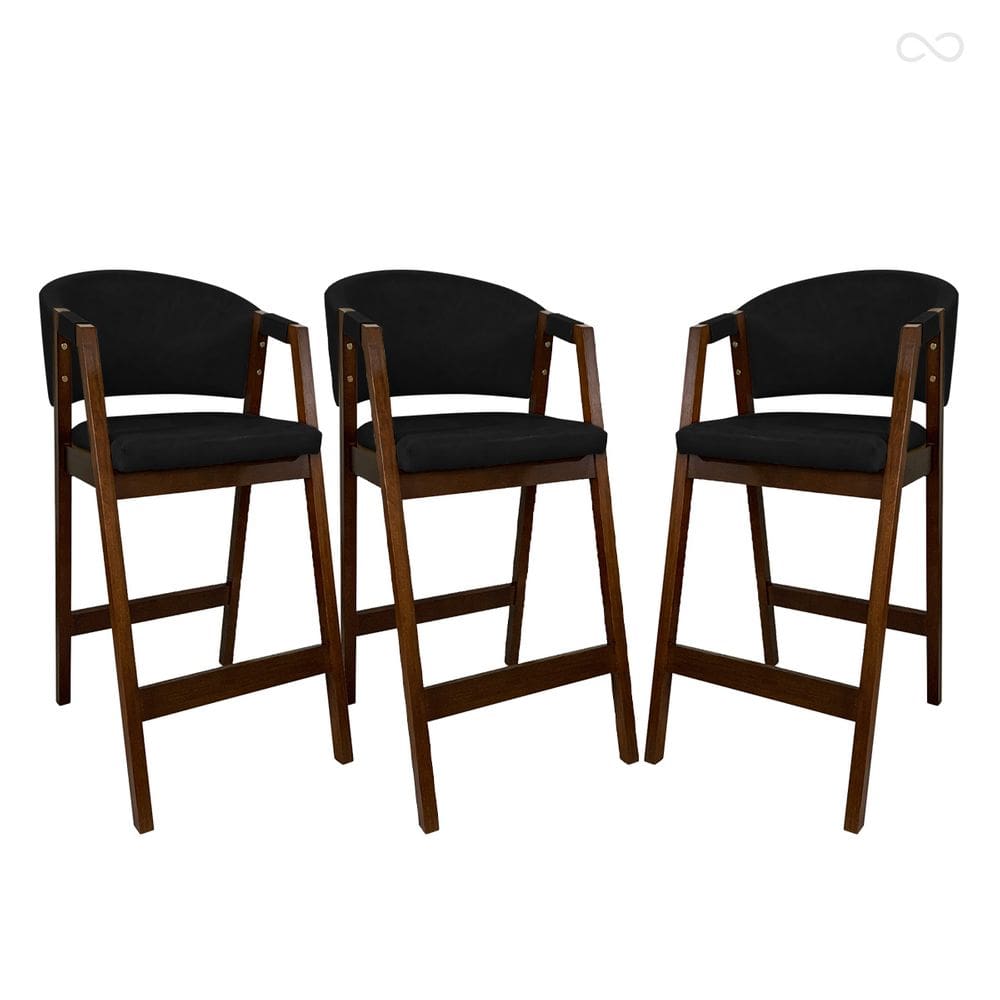Kit 3 Banquetas Alta para Bancada de Cozinha Ravena Madeira Maciça Pinhão Sintético Preto CCS