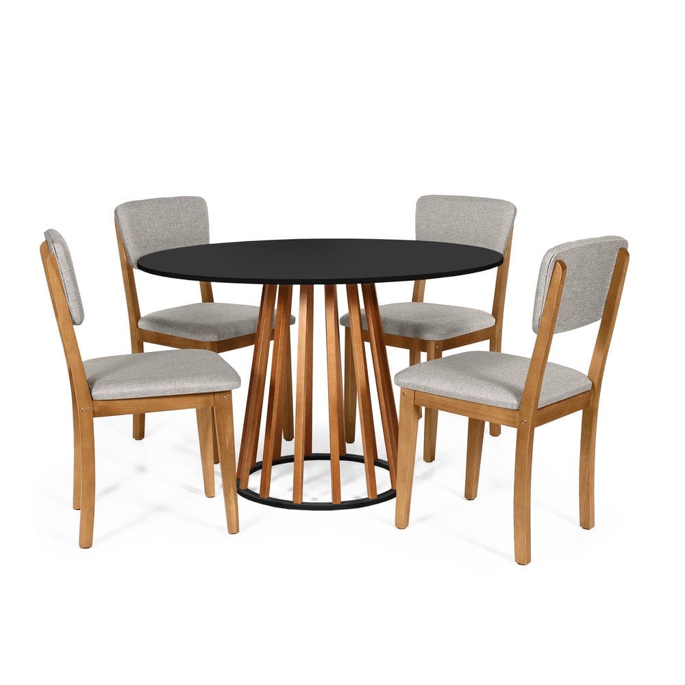 Mesa de Jantar Redonda Gabi Nat/Pret com 4 Cadeiras Estofadas Ella Cinza Claro