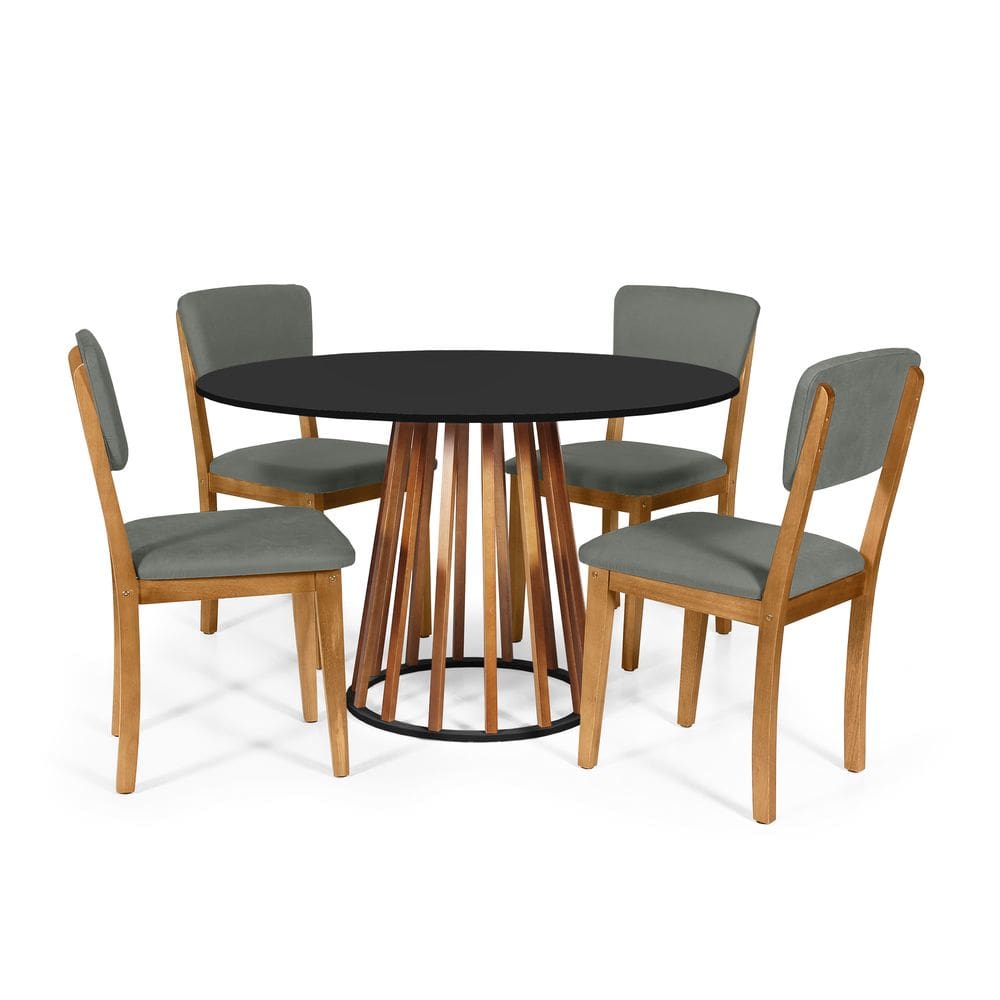 Mesa de Jantar Redonda Gabi Nat/Pret com 4 Cadeiras Estofadas Ella Cinza