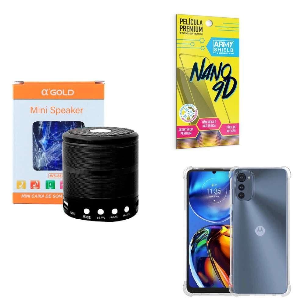 Kit caixa de som + capinha motorola e32 + película 9d