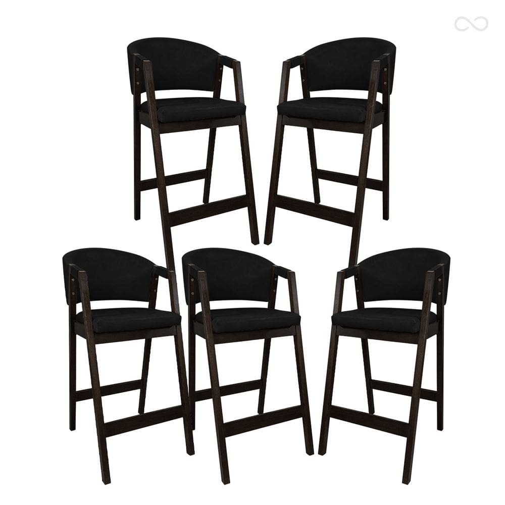 Kit 5 Banquetas Alta com Encosto Ravena Madeira Maciça Maciça Capuccino Sintético Preto CCS