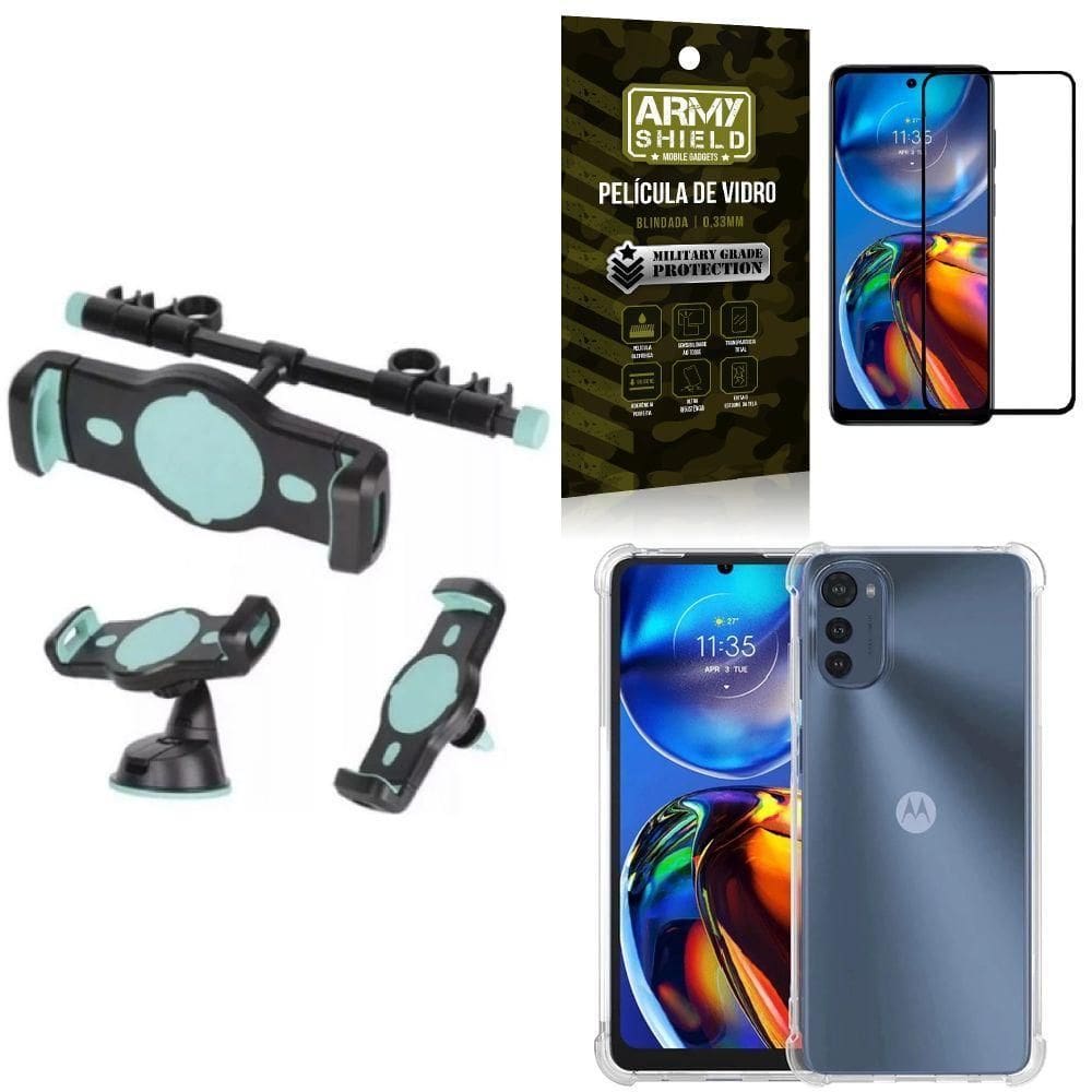 Kit capa moto e32 + suporte veicular 3 em 1 + película 3d