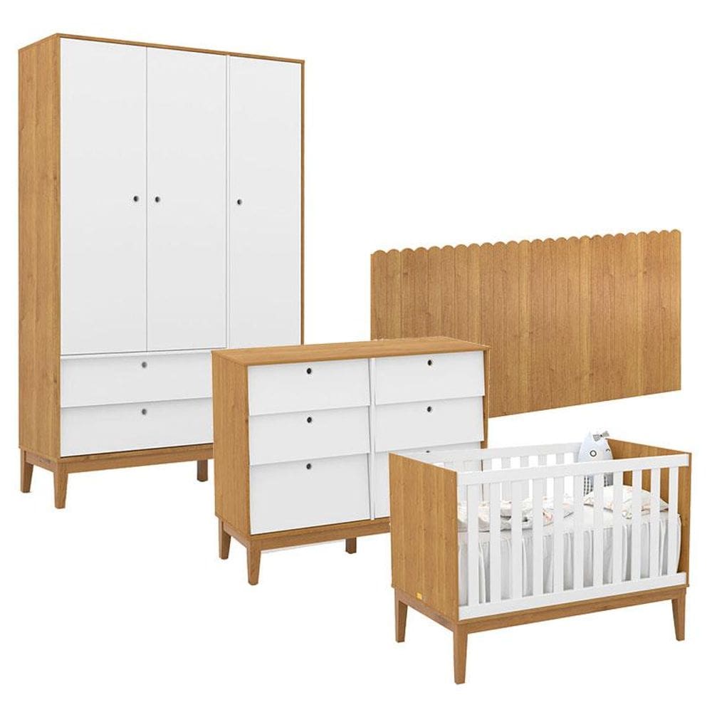 Quarto de Bebê Unique 3 Portas com Cômoda 6 Gavetas e Painel Farm Freijó Branco Soft Eco Wood - Matic