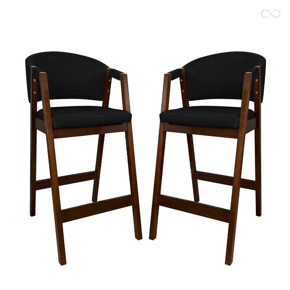 Kit 2 Banquetas Alta de Madeira Maciça Pinhão Ravena com Encosto Sintético Preto CCS