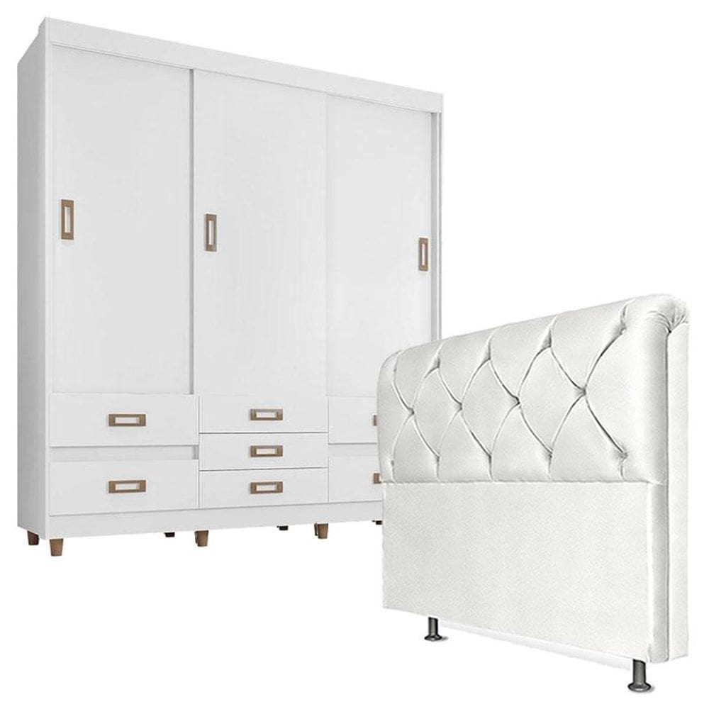 Quarto de Casal Guarda Roupa 37020 com Cabeceira Daiana 140 cm Branco – Araplac