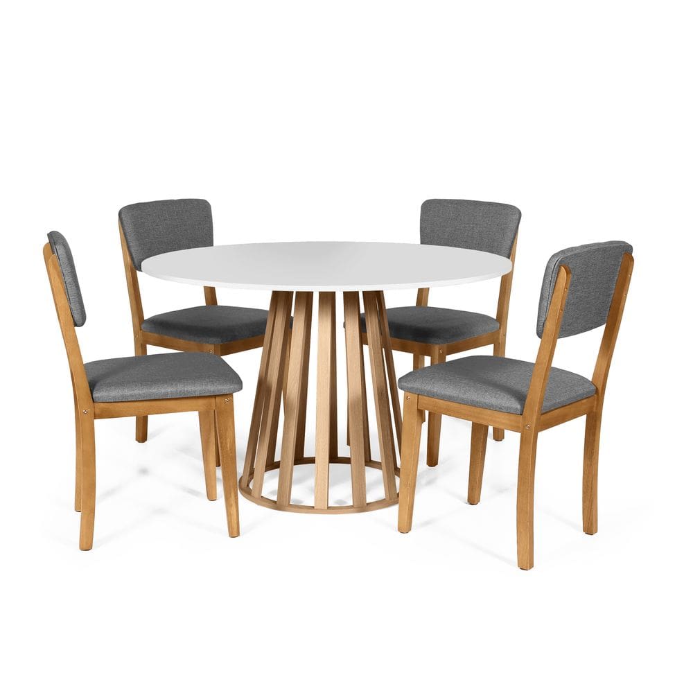 Mesa de Jantar Redonda Gabi Bran/Jade com 4 Cadeiras Estofadas Ella Cinza Escuro