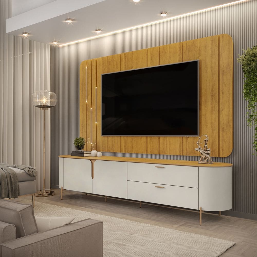 Bancada Com Painel Celine Para TV Até 75 Polegadas 2 Portas 2 Gavetas LED Cedro/Bali- DJ Móveis