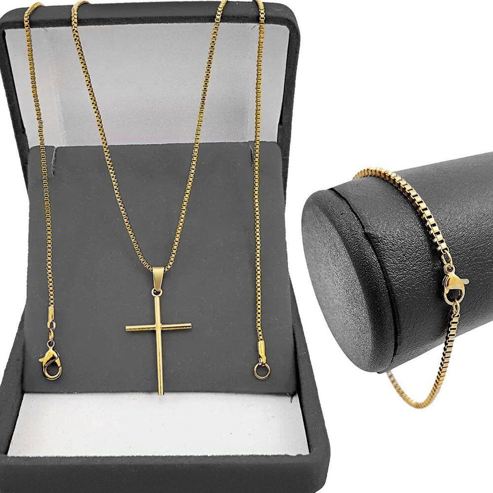 Pulseira + Corrente Dourada Aço Inox + Pingente Crucifixo