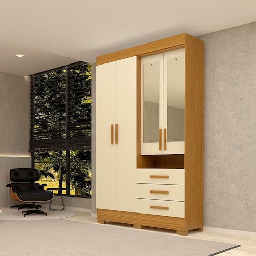imagem-Guarda-Roupa Solteiro 119,60cm 4 Portas 3 Gavetas Capelinha com Espelho 100% MDF Débora Cinamomo/Off White