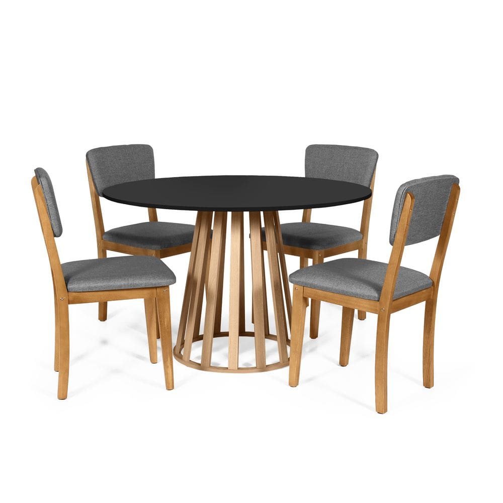 Mesa de Jantar Redonda Gabi Pret/Jade com 4 Cadeiras Estofadas Ella Cinza Escuro