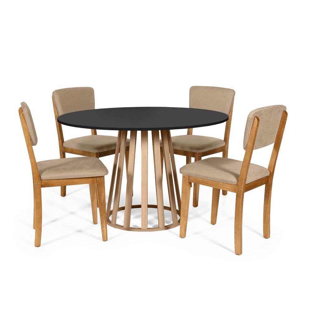 Mesa de Jantar Redonda Gabi Pret/Jade com 4 Cadeiras Estofadas Ella Bege