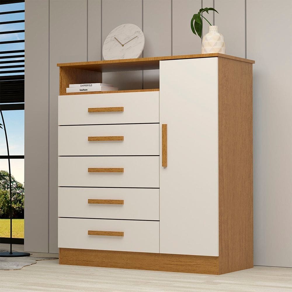 Cômoda 1 Porta 5 Gavetas 100% MDF Nemésia Espresso Móveis Cinamomo/Off White
