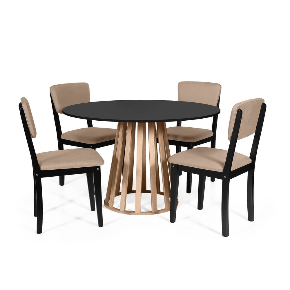 Mesa de Jantar Redonda Gabi Pret/Jade com 4 Cadeiras Estofadas Ella Preto/Marrom Claro