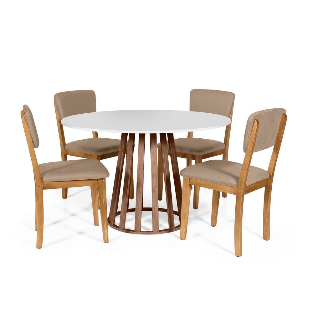Mesa de Jantar Redonda Gabi Bran/Nor com 4 Cadeiras Estofadas Ella Marrom Claro