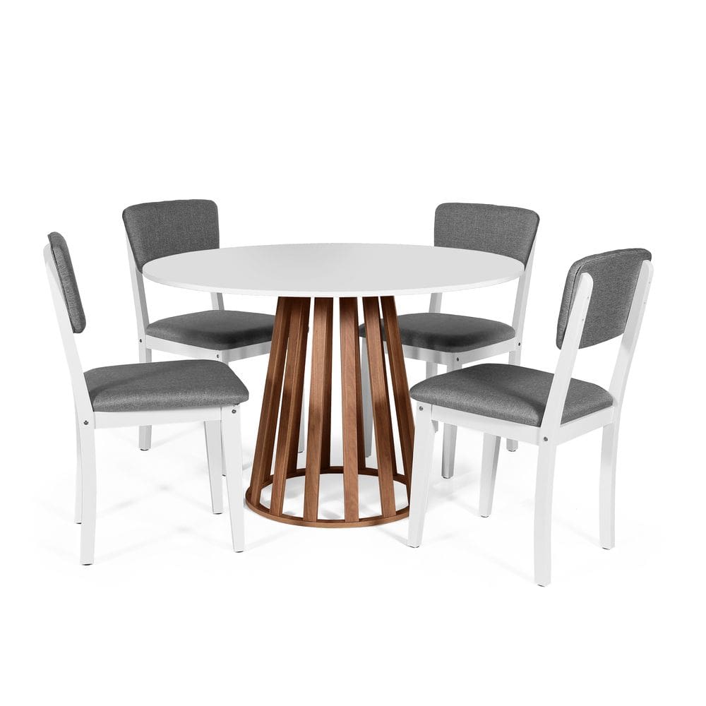 Mesa de Jantar Redonda Gabi Bran/Nor com 4 Cadeiras Estofadas Ella Branco/Cinza Escuro