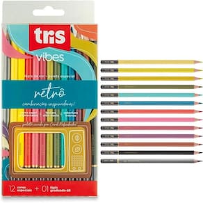 Lápis de cor vibes retrô 12 cores + lápis graduado 6b - tris