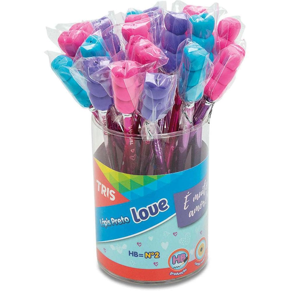 Lápis preto redondo tris love com borracha coração