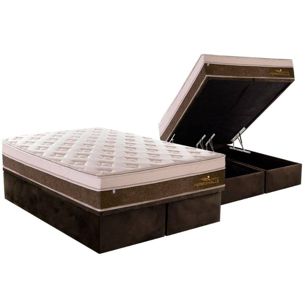 Cama Box Baú Queen: Colchão Molas MasterPocket Ensacadas Plumatex   Personalle + Base CRC Suede Brown(158x198)