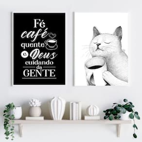 Kit 2 Quadros Gatinho Café Amor E Fé 24X18Cm