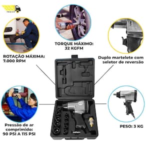 Kit chave impacto pneumática 1/2 polegada 32kgf 17 peças