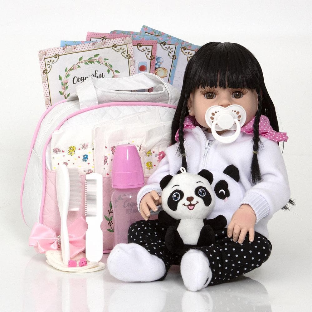 Boneca reborn realista pandinha morena 30 frases bolsa itens