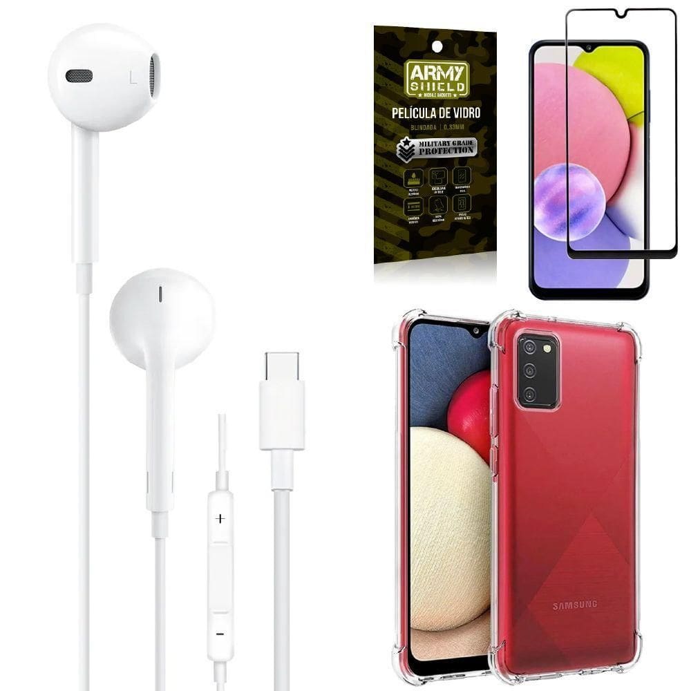 Capa samsung a03s + fone de ouvido tipo c + pelicula 3d