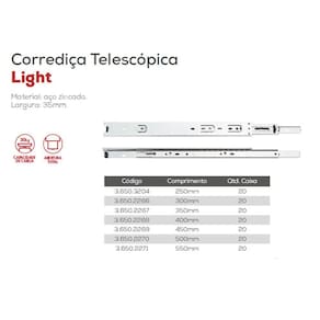 Corrediça trilho telescopico para gaveta 25cm par