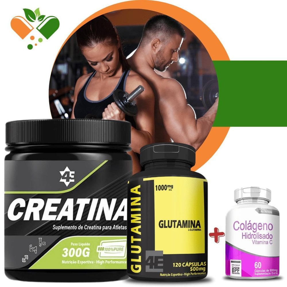 Kit creatina 300gr + 1 pote glutamina 1 pote colágeno