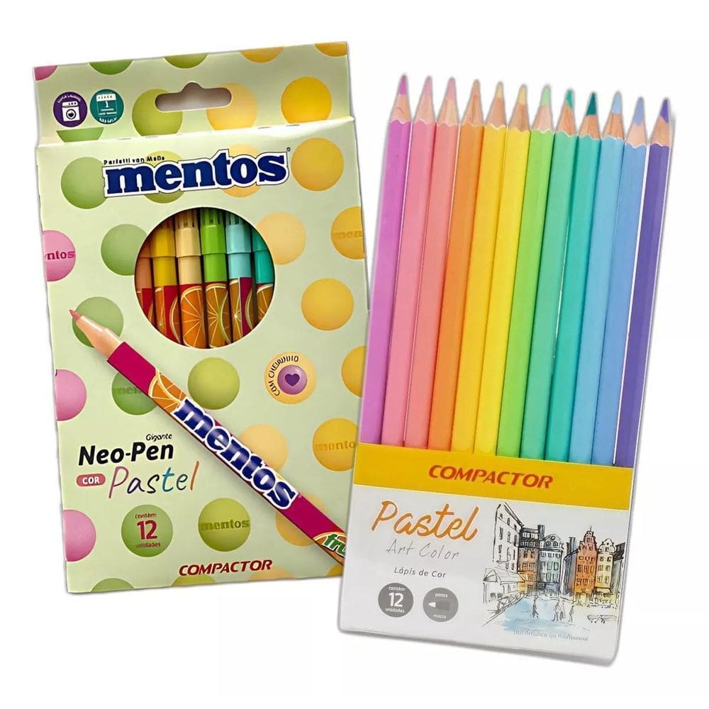 Lapis Cor 12 Cores Pastel + 12 Canetinhas Mentos Compactor