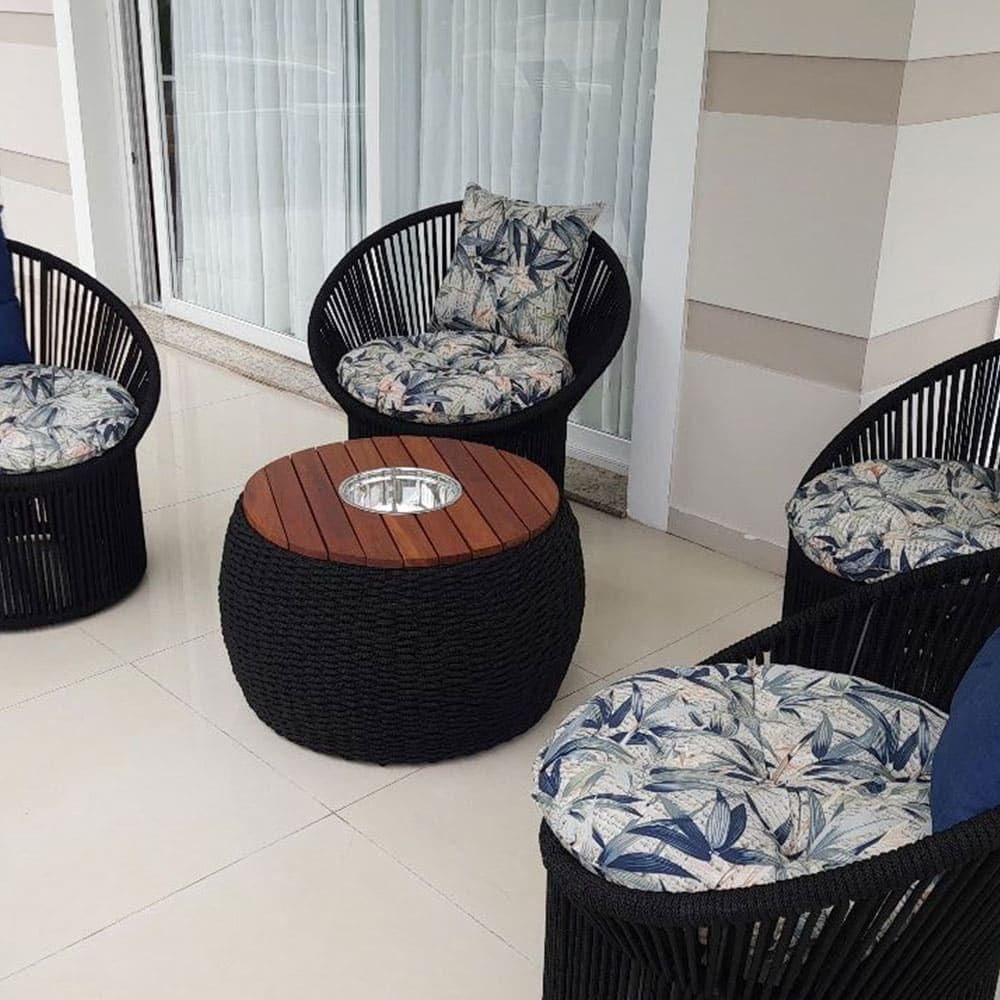 Conjunto De Poltronas Em Corda Náutica Esfera-4 Poltronas+1 Mesa Com Champanheira- Vinales Azul