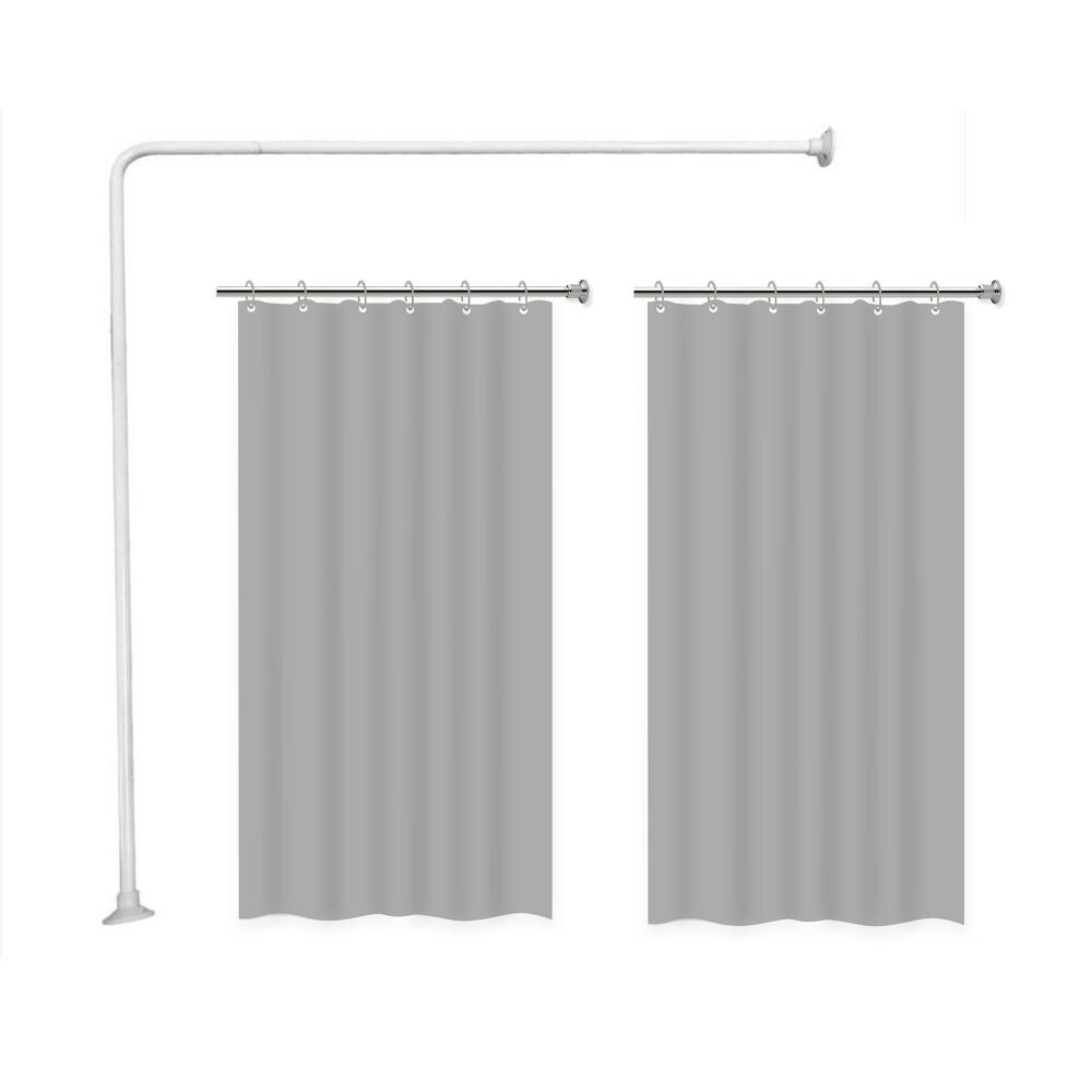 Kit Varao em L Suporte haste Banheiro Box BRANCO 100X100cm + 2 Cortina Box LISA - CINZA