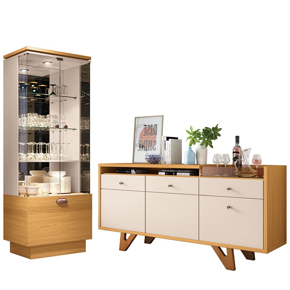 Kit Aparador Buffet 160cm cm Cristaleira para Sala de Estar Luminara H01 Off White - Cinamomo Clique Chique
