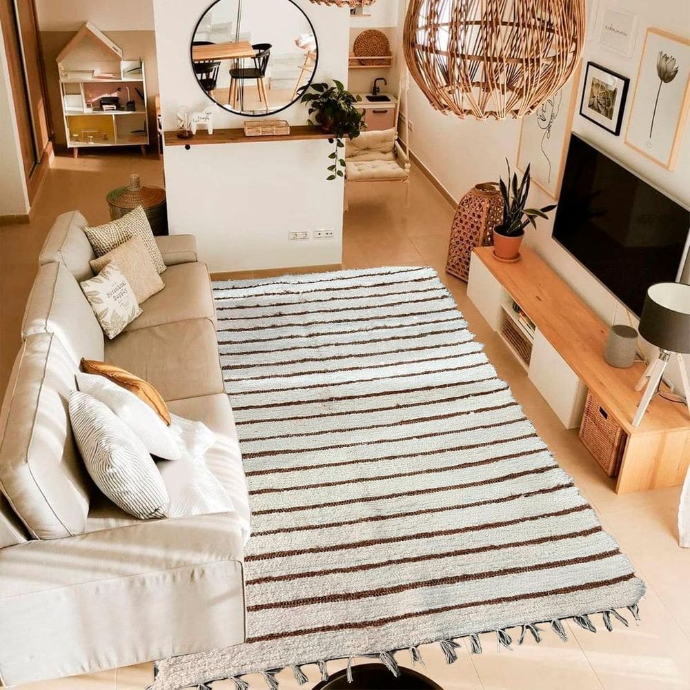 Tapete para sala felpudo listra fina bege boho 2,00x1,00