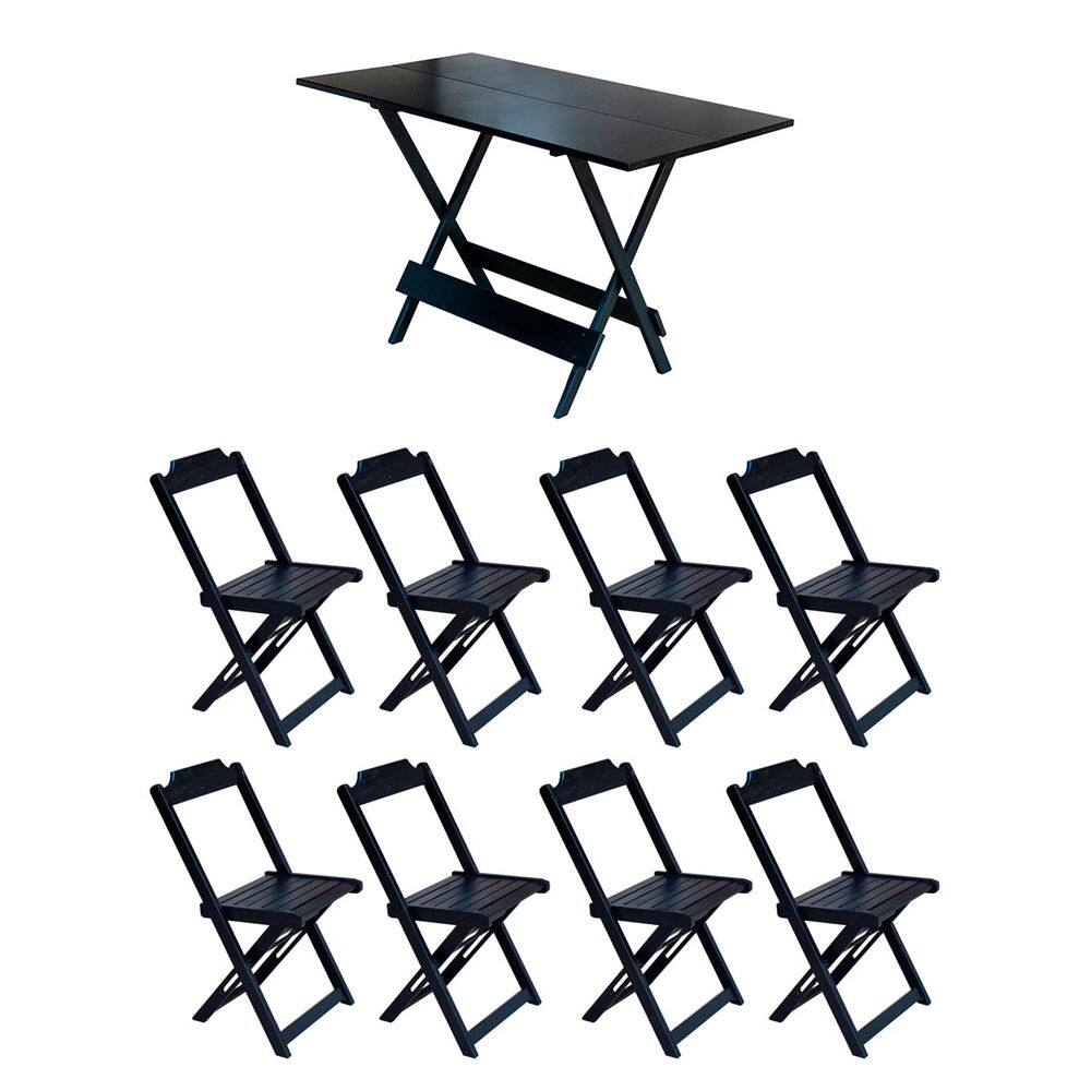 Conjunto Mesa de Madeira Dobravel 120x70 Preto 8 Cadeiras