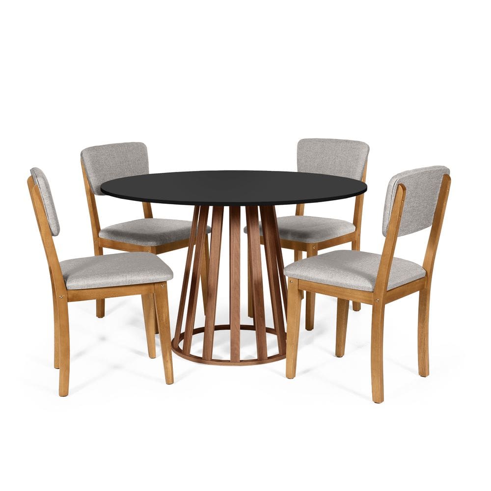 Mesa de Jantar Redonda Gabi Pret/Nor com 4 Cadeiras Estofadas Ella Cinza Claro