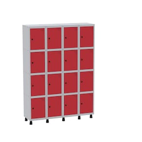 Armário Guarda Volume Locker Roupeiro 16 Portas Aço GRP 504/16 Cinza/Vermelho