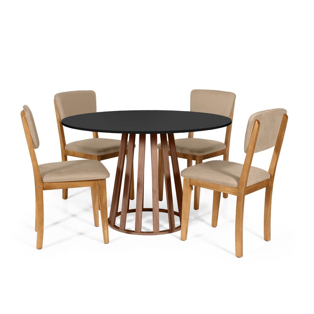 Mesa de Jantar Redonda Gabi Pret/Nor com 4 Cadeiras Estofadas Ella Bege