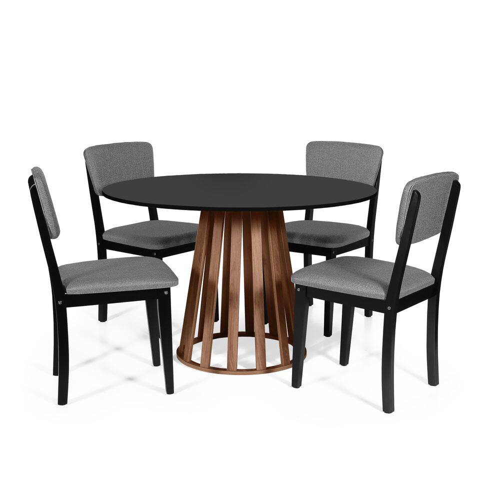 Mesa de Jantar Redonda Gabi Pret/Nor com 4 Cadeiras Estofadas Ella Preto/Cinza Escuro