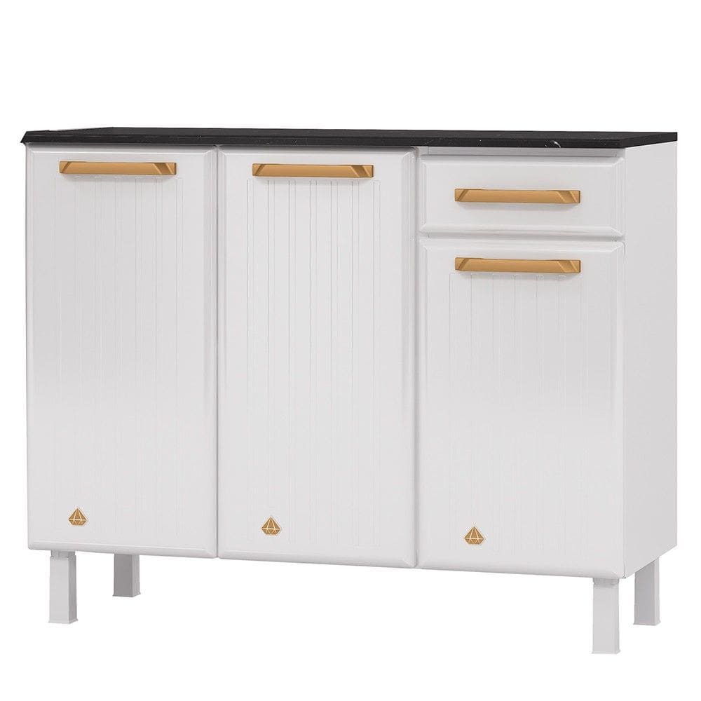 Balcão de Cozinha Aço com Tampo Diamante 3 Portas 1 Gaveta Branco - Telasul