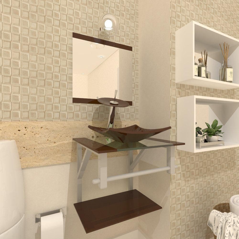 Gabinete de vidro banheiro 40cm torneira cascata marrom