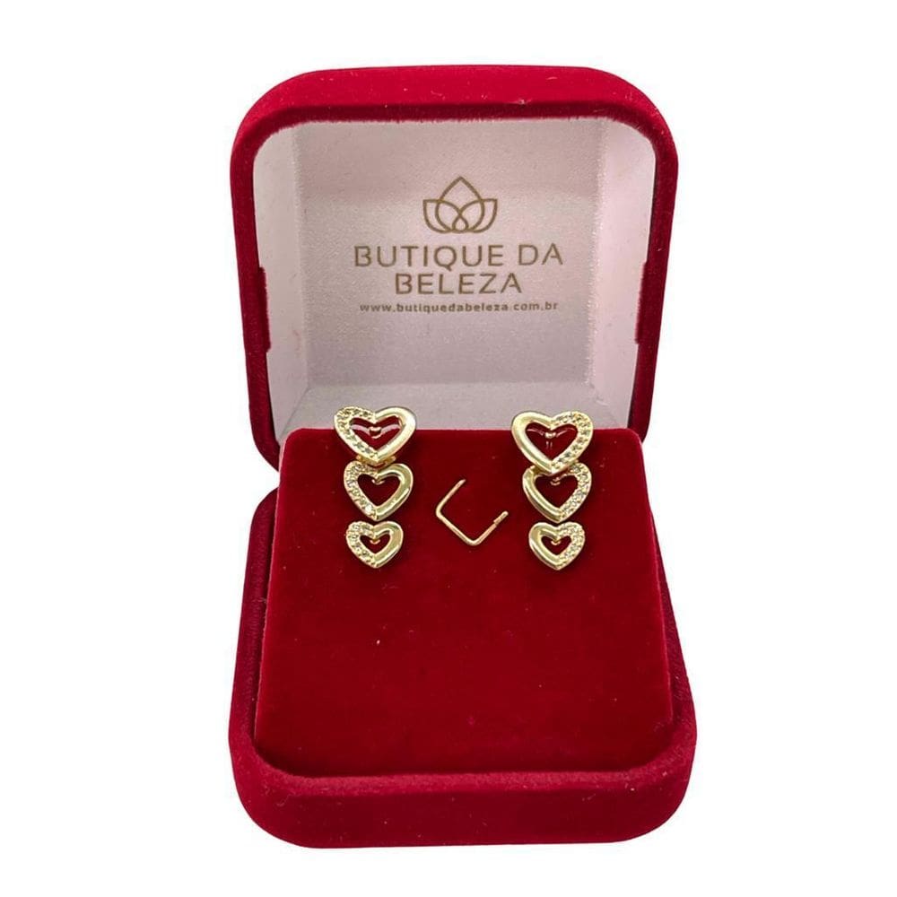 Brinco trio folheado a ouro coração vazado zircônias