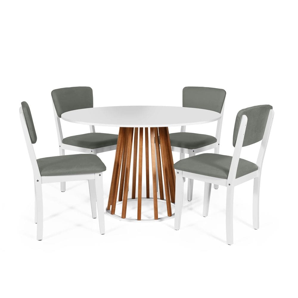 Mesa de Jantar Redonda Gabi Nat/Bran com 4 Cadeiras Estofadas Ella Branco/Cinza