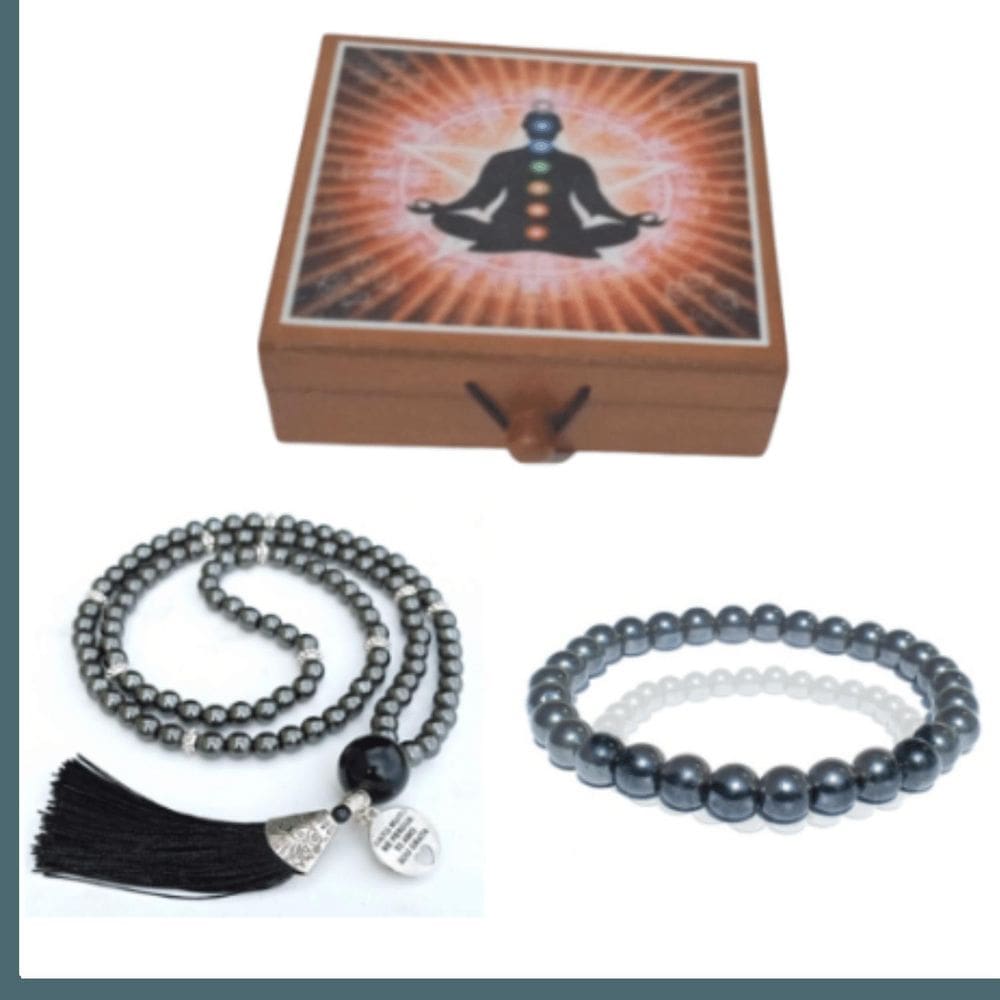 Japamala hematita na caixinha + pulseira